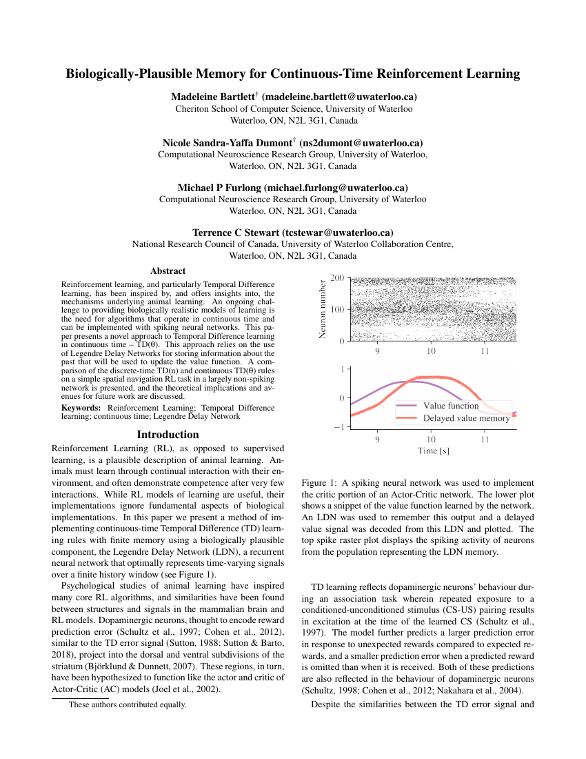 First page of the paper: Biologically-Plausible Memory for Continuous Time Reinforcement Learning