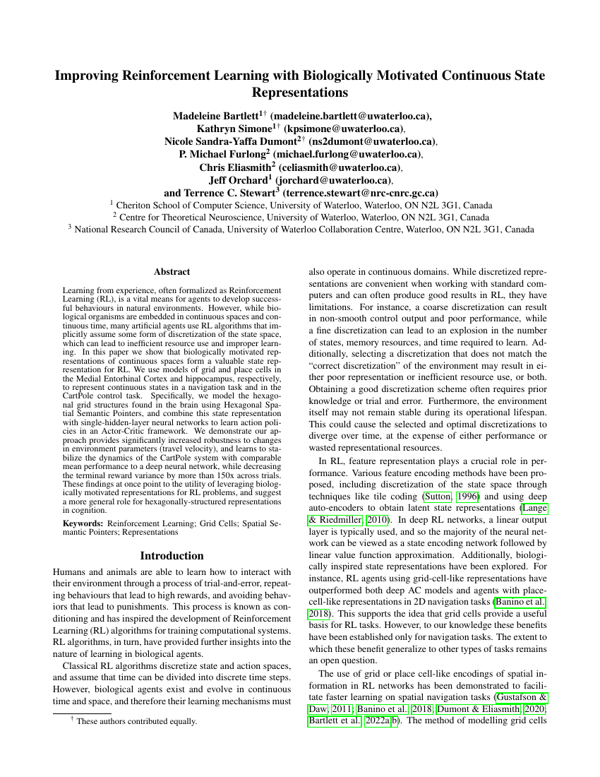 First page of the paper: Improving reinforcement learning with biologically motivated continuous state representations