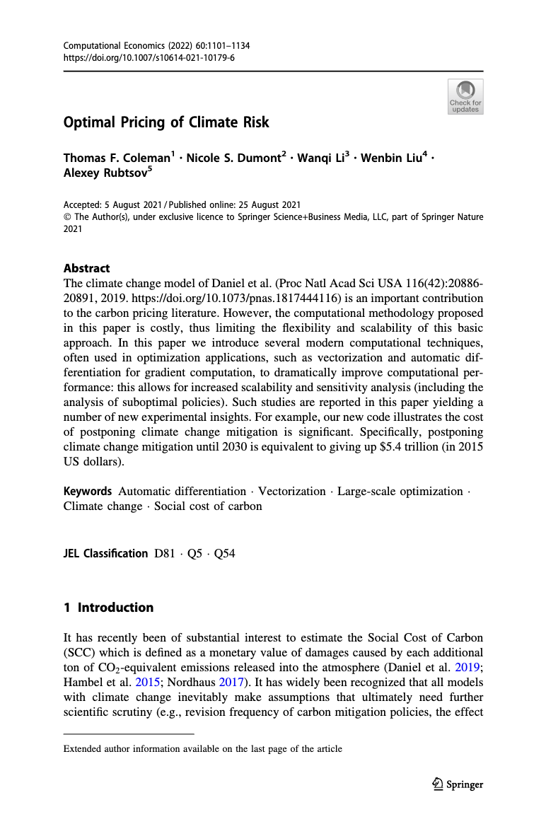 First page of the paper: Optimal Pricing of Climate Risk