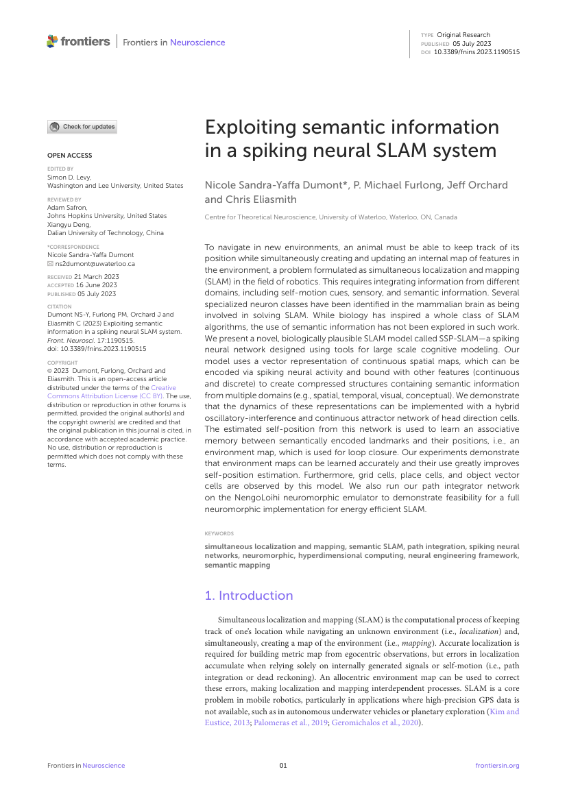 First page of the paper: Exploiting semantic information in a spiking neural SLAM system