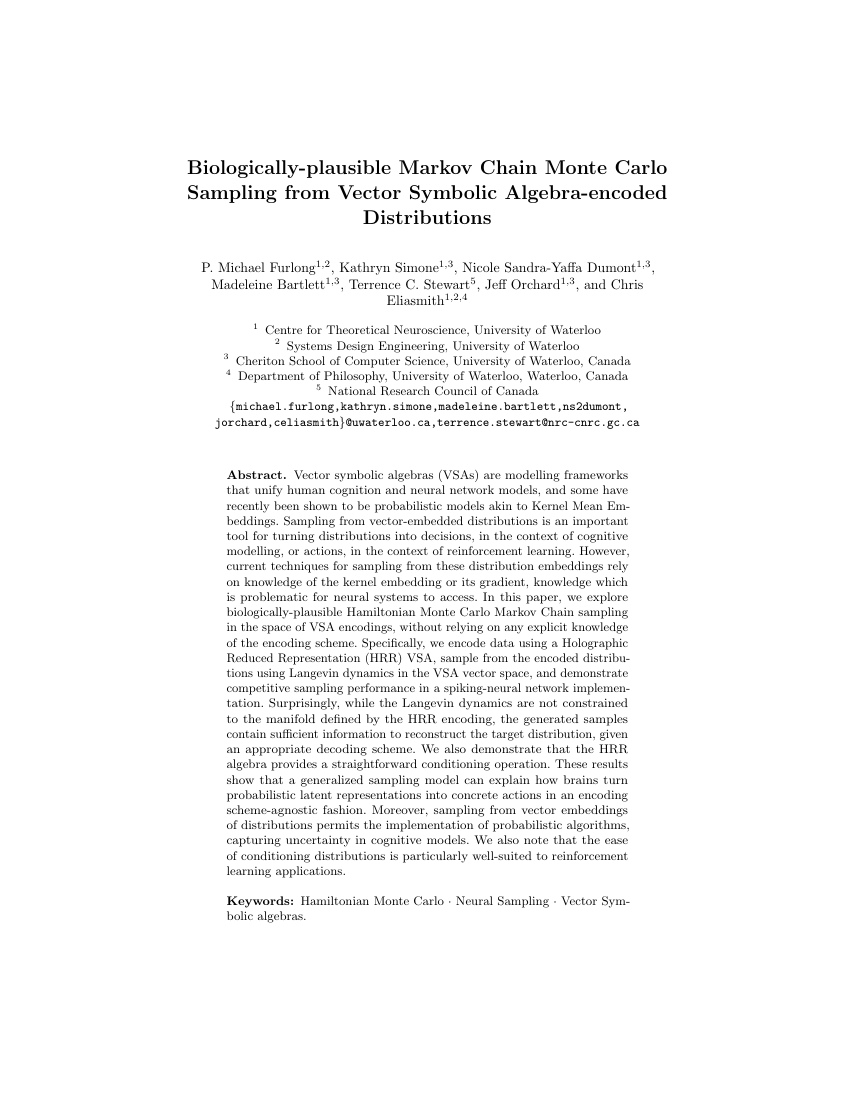 First page of the paper: Biologically-Plausible Markov Chain Monte Carlo Sampling from Vector Symbolic Algebra-Encoded Distributions